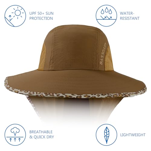 BASSDASH UPF 50+ Unisex Water Resistant Wide Brim Sun Hat with Large Neck Flap Ponytail Fishing Hat for Men Women - color: Caramel/Leopard