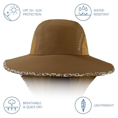 BASSDASH UPF 50+ Unisex Water Resistant Wide Brim Sun Hat with Large Neck Flap Ponytail Fishing Hat for Men Women - color: Caramel/Leopard