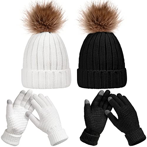Syhood 4 Pcs Hat and Glove Set Winter Beanie and Glove Set - color: Black and White