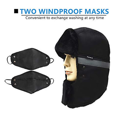 Camouflage Winter Bomber Trapper Hats Ushanka -Men Women Russian Trooper Ear Flaps Ski Snow Cold Weather Fur Mens Caps - color: Black