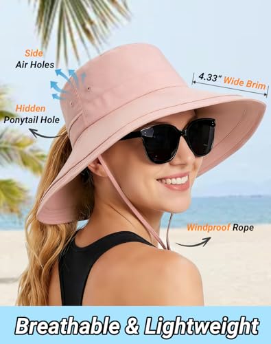 Rosoz Women Sun Hat with Ponytail Hole Wide Brim Bucket Hats UPF 50+ Beach Hiking Gardening Hat Water-Resistant Outdoot Hat - color: Pink