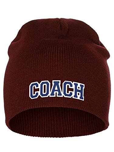 I&W Sports Team Coach Arch Letters Winter Knit Cuffless Beanie 3D Raised Layers - color: Burgundy Beanie White Navy