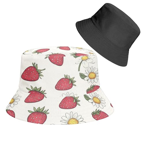Reversible Bucket Hat for Women Men, Cotton Packable Summer Sun Hat, Double-Side-Wear Fisherman Cap for Beach Travel Hiking - color: Mz-strawberry1 Hat