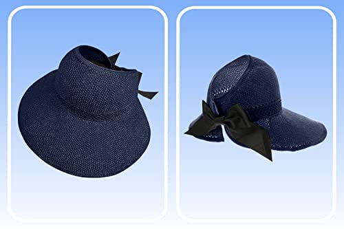 Straw Sun Visor for Women, Wide Brim UPF 50+ Protection Beach Hat, Adjustable, Roll Up Foldable Ponytail Cap with Chin Strap - color: A Navy