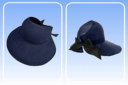 Straw Sun Visor for Women, Wide Brim UPF 50+ Protection Beach Hat, Adjustable, Roll Up Foldable Ponytail Cap with Chin Strap - color: A Navy