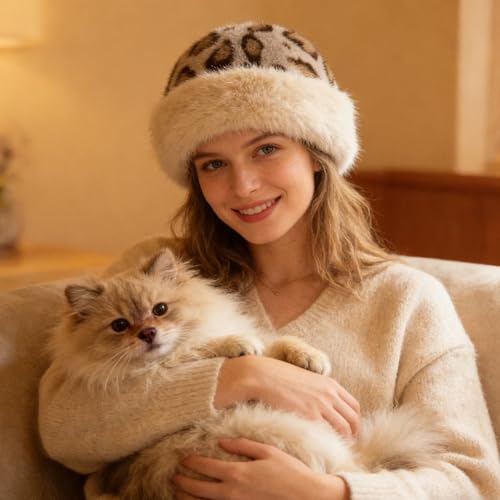 Winter Faux Fur Bucket Hat for Women, Cozy Leopard Print Cheetah Fuzzy Hat