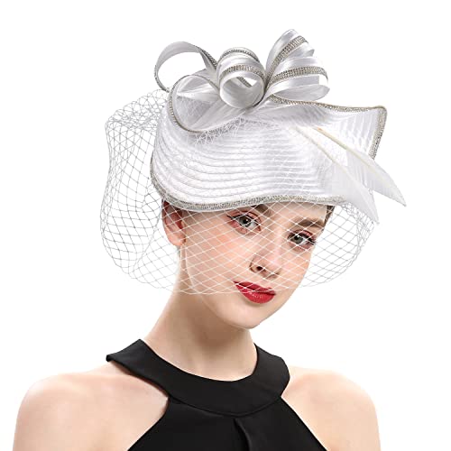 ORIDOOR Women Fascinators Derby Church Tea Party Wedding Flower Feathers Headpiece with Headband Clips - color: A-white