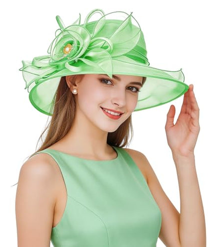 Z&X Organza Church Fascinator Wedding Tea Party Derby Hats for Women Flower Wide Brim Sun Hats - color: 022 Mint Green