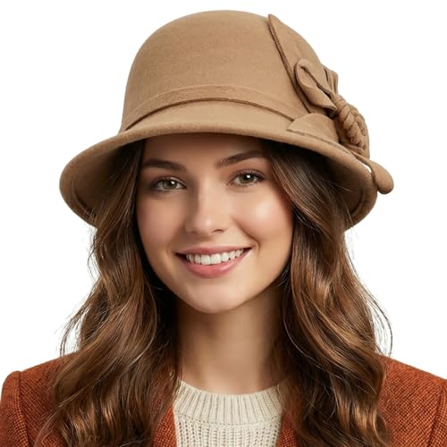Woolen Cloche Hat for Women, Flower Winter Warm Bucket Cap - color: Camel