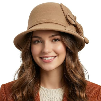 Woolen Cloche Hat for Women, Flower Winter Warm Bucket Cap - color: Camel
