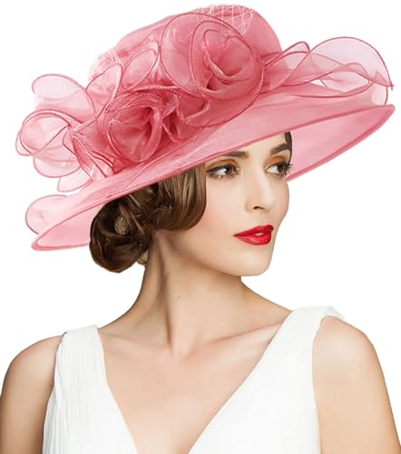 Women's Kentucky Derby Church Dress Hat Wide Brim Leaf Flower Bridal Shower Hat - color: A5-rose