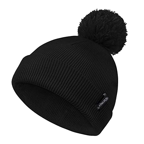 Zando Toddler Winter Hat & Pom Pom Beanie, Double Layer Knit Cap for Boys & Girls - color: Black, size: 3-8 Years