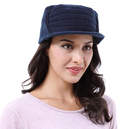 Solaris Army Style Flat Top Knit Cap Beanie WinterHat with Visor, for Women & Men - color: Navy