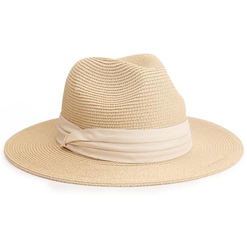 AQOKKA Summer Straw Fedora Hat for Women Men Travel Panama Hat with Wide Brim Roll Up Sun Hat for Beach Outdoor UPF 50+ - color: 1 Pack: Beige （beige）a
