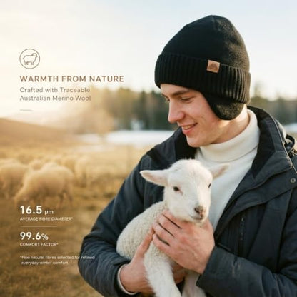Winter Beanie Hat Ear Flaps Waterproof Merino Wool Fleece Men Women - color: Light Gray, size: Medium-Large