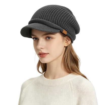 Winter Beanie with Visor - Stylish Knit Hat with Bill - Thick Brimmed Beanies with Fleece Lining Men and Women - color: B326-grey