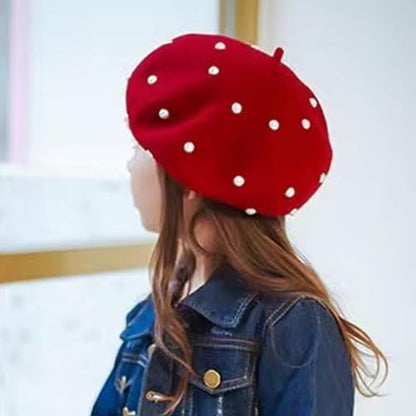 2 Pcs Winter Wool Berets Pearl French Style Beanie Cap Solid Color Winter Hat Beaded Beret Cap for Women and Girls Casual Use （Black, Red）