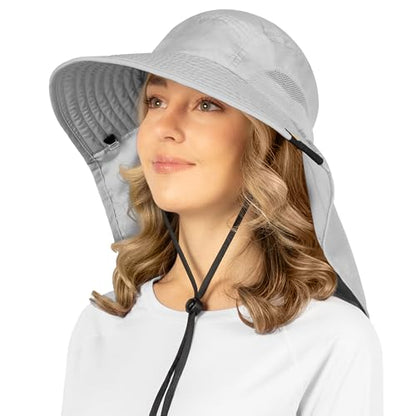 SUN CUBE Wide Brim Sun Hat with Neck Flap for Men Women, UPF50+ Fishing - color: Light Grey
