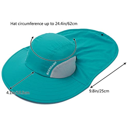 BASSDASH UPF 50+ Unisex Water Resistant Wide Brim Sun Hat with Large Neck Flap Ponytail Fishing Hat for Men Women - color: Lake Green