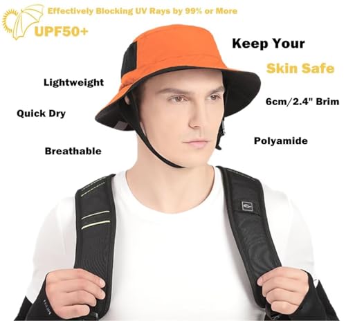 Mens Womens Surf Bucket Hat Waterproof UPF50+ Foldable Beach Sun Hats - color: Orange