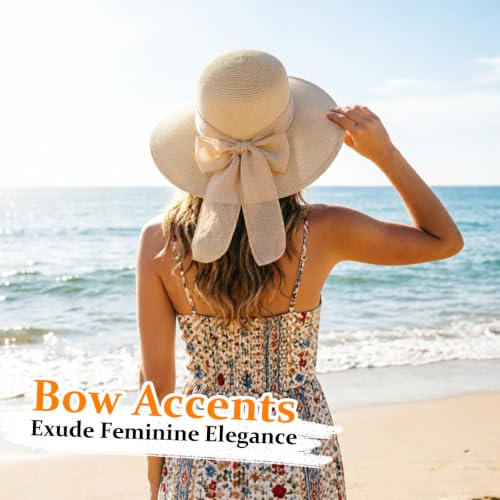 DRESHOW Sun Hats for Women Summer Wide Brim Beach Straw Hat Bowknot Bucket Hats Foldable Floppy Beach Sun Hat UPF 50+ - color: 1 Pack Bowknot Ribbon Hat: Beige