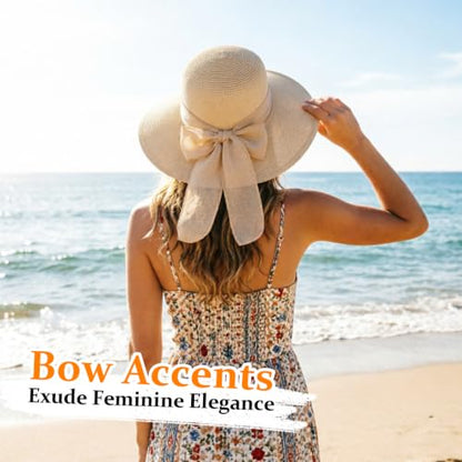DRESHOW Sun Hats for Women Summer Wide Brim Beach Straw Hat Bowknot Bucket Hats Foldable Floppy Beach Sun Hat UPF 50+ - color: 1 Pack Bowknot Ribbon Hat: Beige