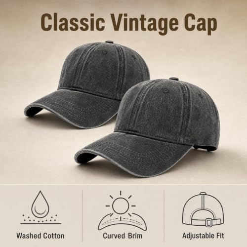 Vintage Baseball Cap for Men and Women, Washed Cotton Dad Hat, Adjustable Fit - color: Black, size: Medium