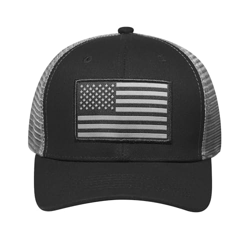 American Flag Trucker Hat, Patriotic Baseball Cap for Men & Women, Breathable Mesh Adjustable Snapback, USA Flag Patch - color: Black/Dary Gray