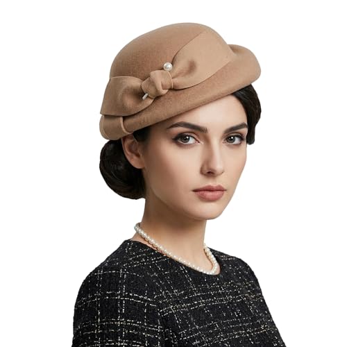 Vintage Wool Felt Cloche Bucket Bowler Hat Women Church Wedding Fascinator Formal Dress Hat Winter Fedoras - color: Camel