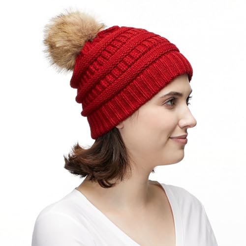 C.C Fur Pom Winter Fall Trendy Chunky Stretchy Cable Knit Beanie Hat - color: Solid Red