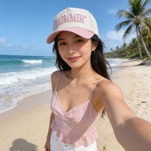 Women’s Mommin Trucker Hat – Vintage Two-Tone Ponytail Baseball Cap, Embroidered Adjustable Hat, Great Gift for Mom & Women - color: Pink
