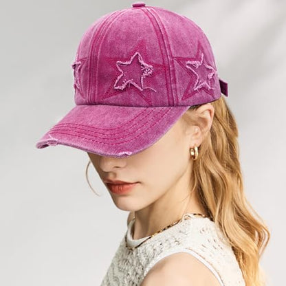Retro Washed Distressed Baseball Cap with Five Pointed Stars for Women Men - color: Rose Red