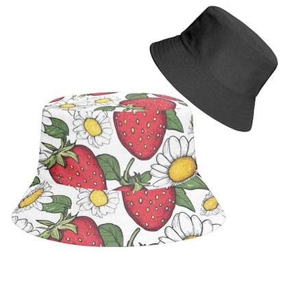 Reversible Bucket Hat for Women Men, Cotton Packable Summer Sun Hat, Double-Side-Wear Fisherman Cap for Beach Travel Hiking - color: Mz-strawberry2 Hat