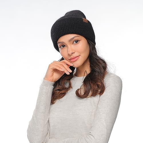 C.C Fuzzy Beanie for Women Unisex - Acrylic Stretchable Soft Warm Knit Winter Skully Hat - color: Angora-black