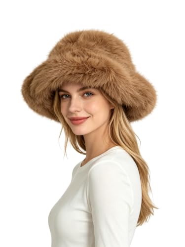 Lina & Lily Oversized Winter Faux Fur Bucket Hat for Women - Long Pile Fur Wide Moldable Brim - color: Camel