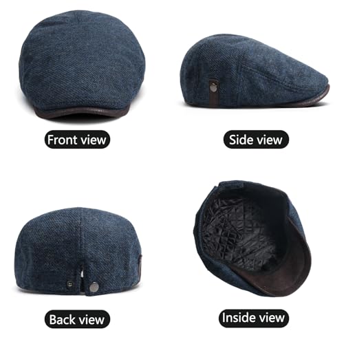 meioro Mens Wool Blend Tweed Newsboy Flat Cap Gatsby Irish Cabbie Ivy Cap Adjustable Newsboy Hat Warm Fleece Winter Hats - color: Navy