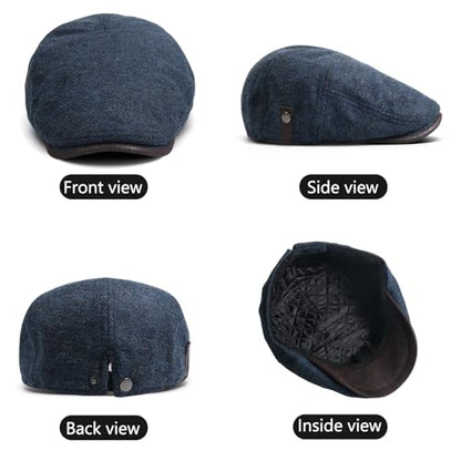 meioro Mens Wool Blend Tweed Newsboy Flat Cap Gatsby Irish Cabbie Ivy Cap Adjustable Newsboy Hat Warm Fleece Winter Hats - color: Navy