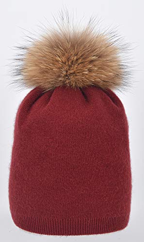 Women's Double Layer Winter Slouchy Knit Beanie Hat with Real Fur Pom Pom - color: Red