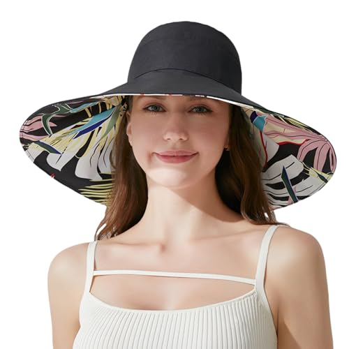Women Summer Rain UV UPF 50 Sun Protection Wide Brim Hat - Foldable Bucket Sun Hat - color: Black Floral Print (Double-sided)