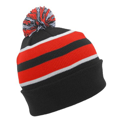 Pacific Headwear Unisex Adult Pacific Headwear Knit Fold Over Pom-pom Beanie - color: Black/Red/White, size: One Size