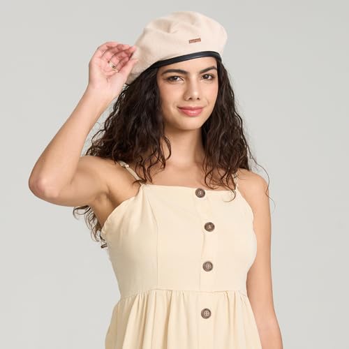 Cotton French Beret Hat for Men Women, Military Style Beret Cap with Leather Label & Drawstring, Casual Beanie - color: Khaki