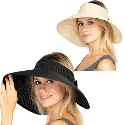 Women Sun Visors Foldable Straw Hats Summer Beach Packable Hat Floppy Wide Brim Cap Deep Style, Adjustable Size - color: Black+beige