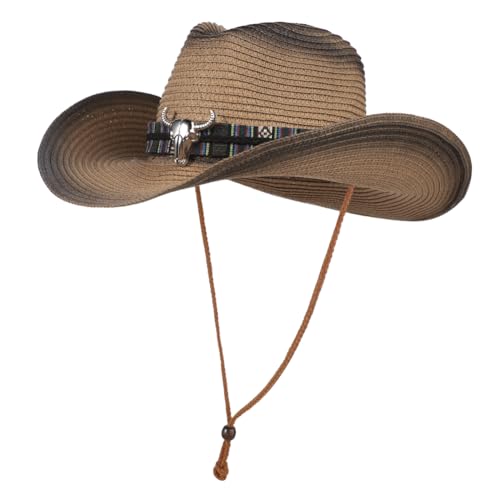 Western Straw Cowboy Cowgirl Hat for Men Women Wide Brim Cowboy Hat with String Shapeable Sun Beach Cap Fishing Cap - color: Black-brown