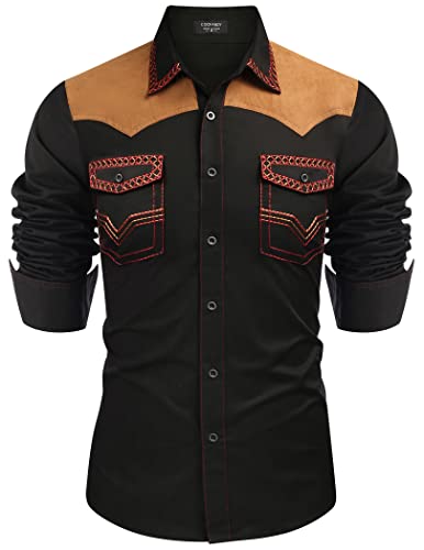 COOFANDY Men's Western Cowboy Shirt Embroidered Long Sleeve Slim Fit Casual Cotton Button Down Hippie Shirts with Pockets - color: Black, size: XX-Large