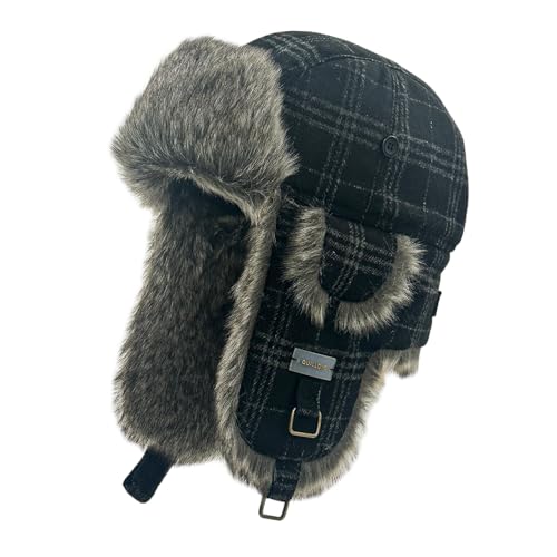 Winter Trapper Hat for Men and Women,Wool Russian Ushanka Aviator Warm Cold Proof Ski Hunting Cycling Winter Hats - color: Black Gray Plaid Faux Fur, size: Small-Medium