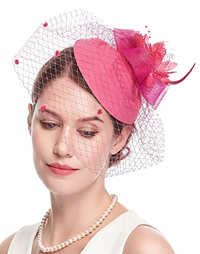 Fascinator Hats for Women 20s 50s Vintage Pillbox Hat Kentucky Derby Fascinators Flower Veil Wedding Tea Party Hat - color: 1-rose