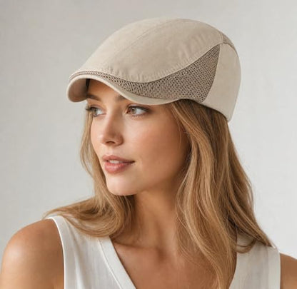 DIYDECAL Mens Cotton Mesh Newsboy Cap Flat Ivy Gatsby Hat Summer Driving Cabbie Cap - color: Beige