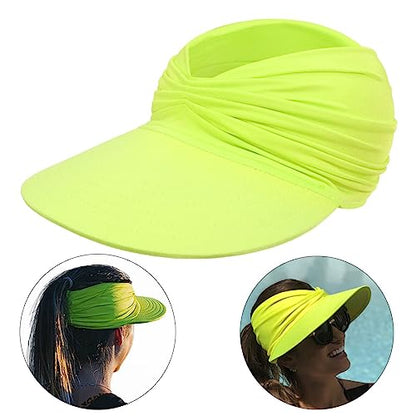 Sun Hat Women Beach Visor Cap UV Protection with Wide Brim Packable Summer Sport Ponytail Sun Cap - color: Fluorescent