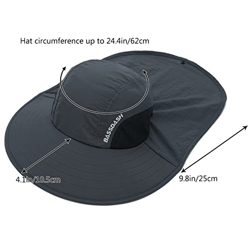 BASSDASH UPF 50+ Unisex Water Resistant Wide Brim Sun Hat with Large Neck Flap Ponytail Fishing Hat for Men Women - color: Dark Grey