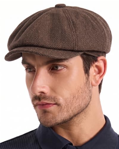 ZLYC Newsboy Cap for Men Summer Flat Cap Lightweight Beret Hat - color: Herringbone Brown